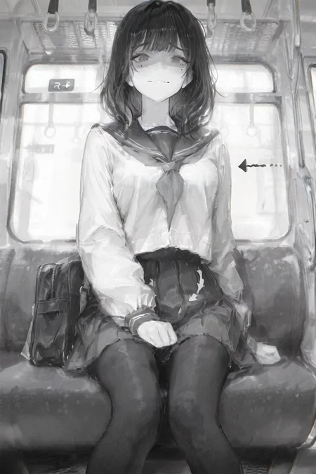 masterpiece,best quality,amazing quality,very aesthetic,absurdres,newest,highres,usnr,1girl,solo,looking at viewer,arrow (symbol), bag, blush, closed mouth, comic, facing viewer, feet out of frame, greyscale, mole, monochrome, neckerchief, pantyhose, sailor collar, school bag, school uniform, serafuku, shaded face, sitting, solo, train interior, wavy mouth,<lora:ponyv5_noobV065S_1_adamW:0.5>,<lora:USNR STYLE_XL_loha:0.7>,<lora:illustrious_all_rated_v1:0.7>,<lora:spo_sdxl_10ep_4k-data_lora_webui:0.6>,<lora:illustrious_best_quality_v1:0.7>,<lora:akaforill:0.7>,