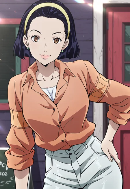 (masterpiece, amazing quality, best quality, anime coloring),very aesthetic, illustration, perfect composition, intricate details, absurdres, incredibly absurdres, sexy,(((1girl,solo,TomokoHigashikata, Short Hair, Black Hair, Yellow Hairband, Brown Eyes, Earrings, Lips, Orange Shirt, Buttoned Shirt, Rolled Sleeves, Light Pants,Original Style,perfect face,detailed eyes,smile,looking at viewer))),cowboy show,standing,outdoors,hand on hip