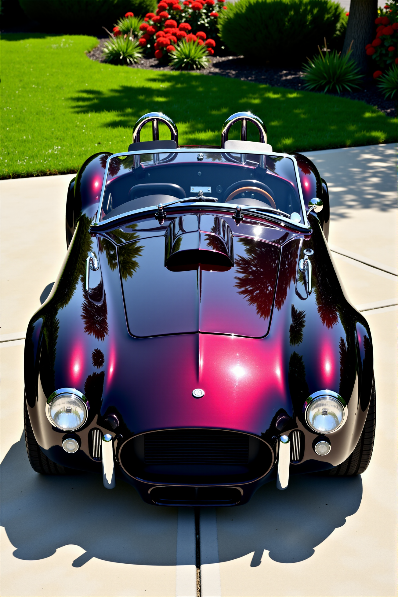 <lora:Hot_rod__style:0.8>
A meticulously restored Shelby Cobra roadster finished in a deep black cherry candy gloss, reflecting its sunlit garden surroundings with liquid-like clarity. The ultra-polished bodywork shifts between dark garnet and obsidian depending on the angle of light, with vibrant highlights glinting from the rounded fenders and hood bulge. Twin chrome roll bars and a minimalist dual-pane windshield crown the open cockpit, while period-correct details like bullet mirrors, exposed latches, and hood pins preserve its raw vintage character. The front end features iconic round headlights, polished bumper overriders, and an aggressive blacked-out grille. Parked on a smooth concrete driveway with manicured lawn and vibrant red flowers in the background, the car radiates timeless performance and collector-grade elegance. DoubleStream Style Layer: high-gloss candy black cherry finish with metallic depth, vintage roadster silhouette with polished chrome accents, palette of garnet, black, and silver with garden green and floral red reflections, ultra-clean outdoor lighting with hard shadows and lens sparkles, classic automotive photography style from elevated front three-quarter view, blending 1960s racing heritage with modern concours-level presentation.