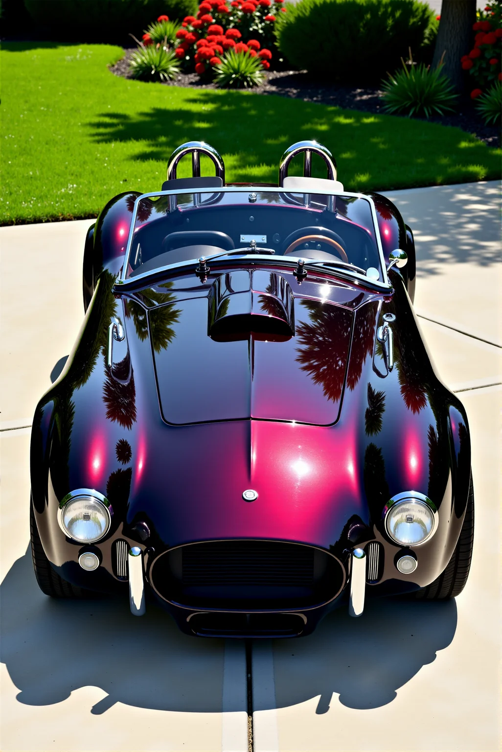 <lora:Hot_rod__style:0.8>
A meticulously restored Shelby Cobra roadster finished in a deep black cherry candy gloss, reflecting its sunlit garden surroundings with liquid-like clarity. The ultra-polished bodywork shifts between dark garnet and obsidian depending on the angle of light, with vibrant highlights glinting from the rounded fenders and hood bulge. Twin chrome roll bars and a minimalist dual-pane windshield crown the open cockpit, while period-correct details like bullet mirrors, exposed latches, and hood pins preserve its raw vintage character. The front end features iconic round headlights, polished bumper overriders, and an aggressive blacked-out grille. Parked on a smooth concrete driveway with manicured lawn and vibrant red flowers in the background, the car radiates timeless performance and collector-grade elegance. DoubleStream Style Layer: high-gloss candy black cherry finish with metallic depth, vintage roadster silhouette with polished chrome accents, palette of garnet, black, and silver with garden green and floral red reflections, ultra-clean outdoor lighting with hard shadows and lens sparkles, classic automotive photography style from elevated front three-quarter view, blending 1960s racing heritage with modern concours-level presentation.