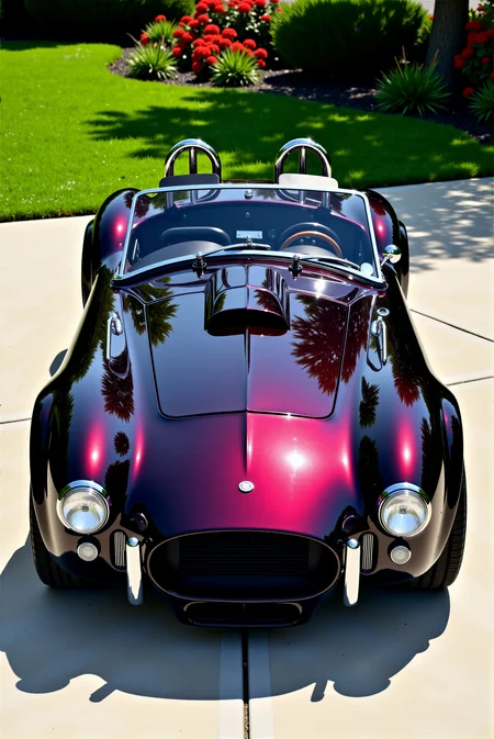 <lora:Hot_rod__style:0.8>
A meticulously restored Shelby Cobra roadster finished in a deep black cherry candy gloss, reflecting its sunlit garden surroundings with liquid-like clarity. The ultra-polished bodywork shifts between dark garnet and obsidian depending on the angle of light, with vibrant highlights glinting from the rounded fenders and hood bulge. Twin chrome roll bars and a minimalist dual-pane windshield crown the open cockpit, while period-correct details like bullet mirrors, exposed latches, and hood pins preserve its raw vintage character. The front end features iconic round headlights, polished bumper overriders, and an aggressive blacked-out grille. Parked on a smooth concrete driveway with manicured lawn and vibrant red flowers in the background, the car radiates timeless performance and collector-grade elegance. DoubleStream Style Layer: high-gloss candy black cherry finish with metallic depth, vintage roadster silhouette with polished chrome accents, palette of garnet, black, and silver with garden green and floral red reflections, ultra-clean outdoor lighting with hard shadows and lens sparkles, classic automotive photography style from elevated front three-quarter view, blending 1960s racing heritage with modern concours-level presentation.