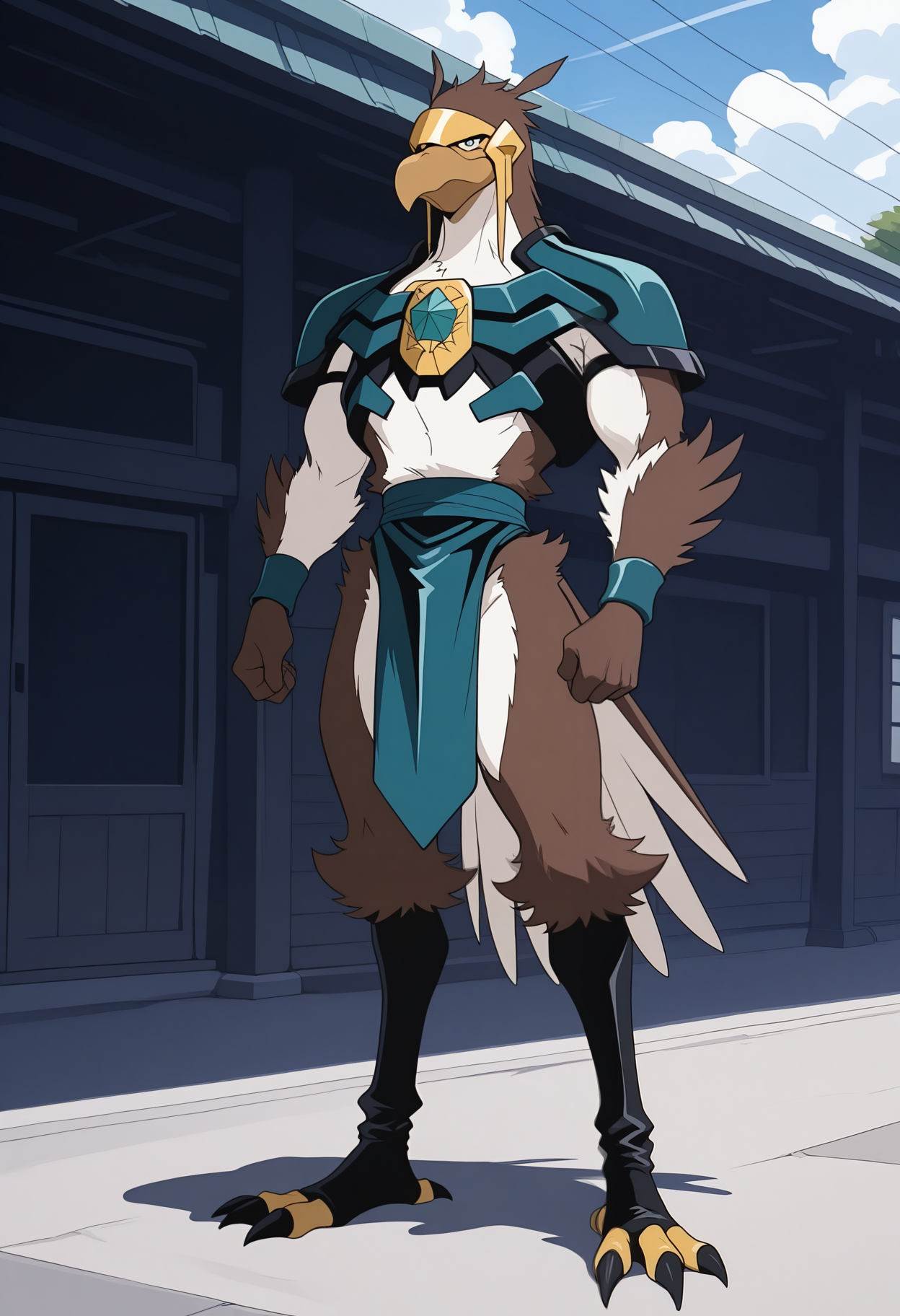 masterpiece,best quality,amazing quality, 1boy, solo, b34kw00d, bird boy, green pauldrons, green chest armor, pelvic curtain, black legwear, green bracelets, gold headpiece, black footwear