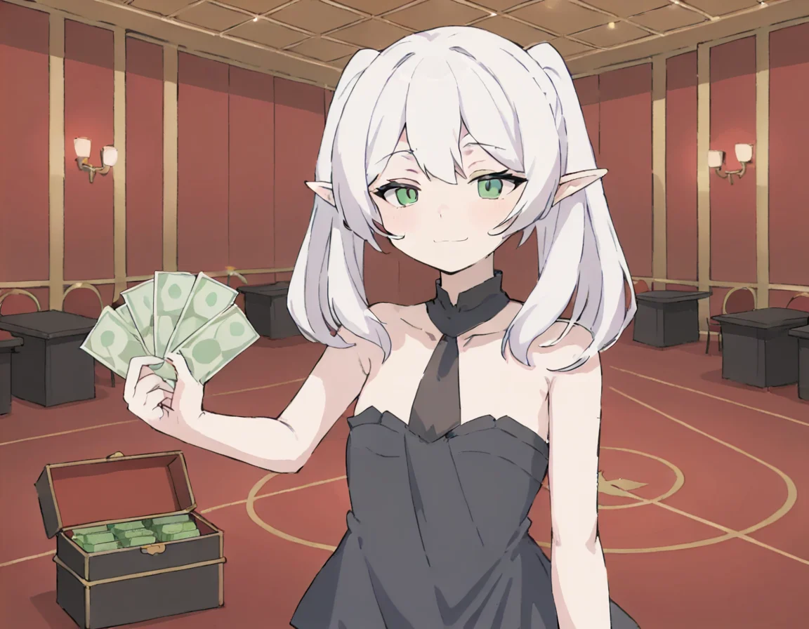 masterpiece,solo,anime-style,a betman holding a money in her one hand,<lora:frieren_meme:0.65>, casino,squinting eyes,box