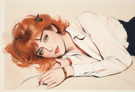 by helleu, 1girl, original, portrait, sprawled on bed, medium-hair, orange-hair, green-eyes, small-breasts, collared-shirt, long-sleeves, small-horns, brown-horns, makeup, messy-hair, skirt, pendant. bracelet, masterpiece, best quality, newest, absurdres, highres