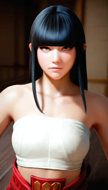 masterpiece,best quality,amazing quality,
<lora:mhminotoNAI:1>,realistic,
1girl,solo,black hair,long hair,blunt bangs,no hair ornament,yellow eyes,(white tube top:1.2),red hakama pants,
upper body,
looking at viewer,
indoors,
wooden floor,