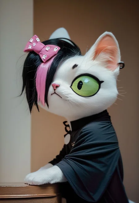 score_9, score_8_up, score_7_up, score_6_up,
Mursday, 1girl, cat girl, white fur,
black dress, multicolored hair, green eyes, bow,
raw, photo, realistic,