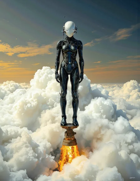 SentinelBot. This is a digital CGI artwork depicting a futuristic, humanoid robot standing atop a blazing rocket engine, soaring through a dense, fluffy cloud bank against a gradient sky transitioning from golden hues to a deep blue. The robot is clad in a sleek, black, form-fitting suit with intricate, metallic detailing that suggests advanced technology. It has a smooth, glossy surface, giving it a high-tech, almost robotic appearance. The robotâs head is encased in a helmet with a sleek, curved design, featuring multiple glowing lights and sensors that add to its futuristic look. Its arms are bent at the elbows, with hands resting close to its body, and its legs are positioned in a relaxed stance, suggesting it is in mid-flight. The rocket engine beneath it is ablaze with intense, vivid flames, casting a warm, golden glow that contrasts with the cool, blue sky and the white, fluffy clouds. The overall scene evokes a sense of awe and wonder, combining elements of science fiction with a realistic, hyper-detailed CGI style. The image's composition and lighting emphasize the robot's height and the dramatic, almost surreal nature of its flight. <lora:The_Vanguard:1.1>