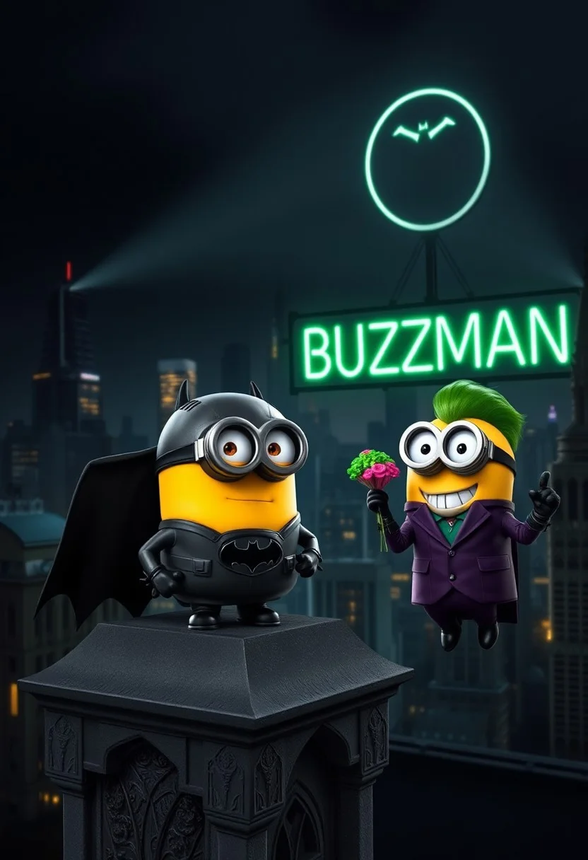 A minion from Despicable Me transformed into a Batman-inspired character, dressed in a full Bat-suit with a sleek cape and cowl, striking a heroic pose atop a Gothic-style rooftop. The backdrop features the dark, brooding skyline of Gotham City, with towering skyscrapers and a hint of mist hanging in the air. Next to this Batman minion stands a minion styled as Catwoman, complete with her sleek black catsuit, mask, and iconic goggles, elegantly perched on a gargoyle. Her costume shines with intricate textures and details. Adding a playful yet sinister twist is a minionized Joker, dressed in a mini version of the Joker’s iconic purple suit, green hair, and a mischievous grin, holding a tiny bouquet of flowers with an ominous flair. Dominating the scene is a dramatic neon sign that reads ‘BUZZMAN’ in a bold, Gotham-inspired font, casting an eerie, glowing light. The entire scene is set against a pitch-black night sky, with the city lights and a full moon adding depth and atmosphere, all rendered in cinematic 4K quality, creating a visual masterpiece that blends epic and whimsical elements with intricate details in texture, expression, and character design