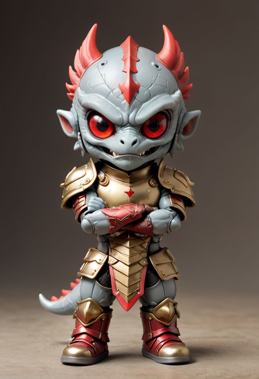 Cute little happy miniature chibi draghon with big comically bright red eyes, wearing armor and converse plated armor, arms crossed