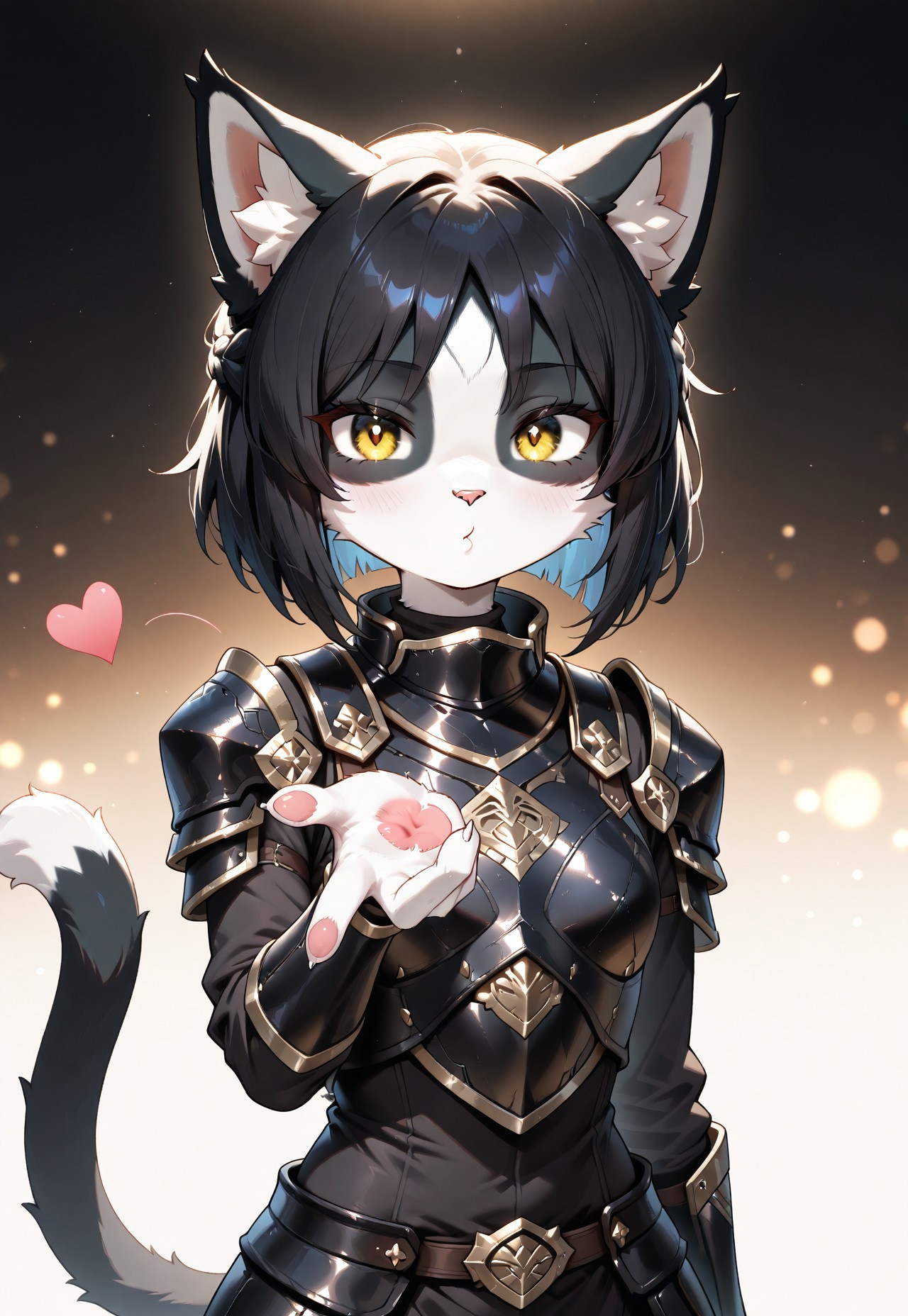 masterpiece, best quality, anthro, solo, slim body, BREAK
Ember (ESO), furry female, Feline, black and white fur, yellow eyes, cat tail, black armor, blowing kiss, heart, puckered lips, o3o