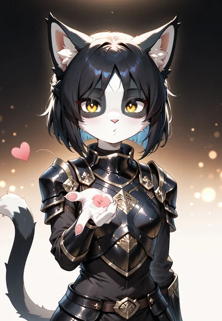 masterpiece, best quality, anthro, solo, slim body, BREAK
Ember (ESO), furry female, Feline, black and white fur, yellow eyes, cat tail, black armor, blowing kiss, heart, puckered lips, o3o