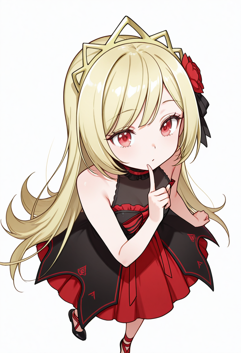 Smooth Quality,masterpiece,very intricate, high quality details, ultra realistic, high detailed skin,detailed enviorement,absurdres,
index finger raised,
 <lora:Ecute_CNR:0.8> ecute_cnr, 1girl, blonde hair, very long hair, red eyes, bare shoulders, black dress, sleeveless dress,  gothic fashion,tiara, hair flower,black footwear,, simple background, white background, from above,solo,, stifled laugh,