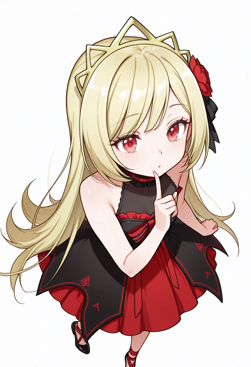 Smooth Quality,masterpiece,very intricate, high quality details, ultra realistic, high detailed skin,detailed enviorement,absurdres,
index finger raised,
 <lora:Ecute_CNR:0.8> ecute_cnr, 1girl, blonde hair, very long hair, red eyes, bare shoulders, black dress, sleeveless dress,  gothic fashion,tiara, hair flower,black footwear,, simple background, white background, from above,solo,, stifled laugh,