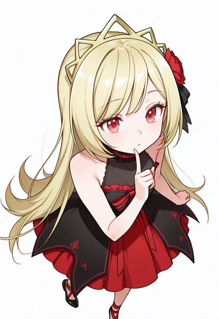 Smooth Quality,masterpiece,very intricate, high quality details, ultra realistic, high detailed skin,detailed enviorement,absurdres,
index finger raised,
<lora:Ecute_CNR:0.8> ecute_cnr, 1girl, blonde hair, very long hair, red eyes, bare shoulders, black dress, sleeveless dress, gothic fashion,tiara, hair flower,black footwear,, simple background, white background, from above,solo,, stifled laugh,