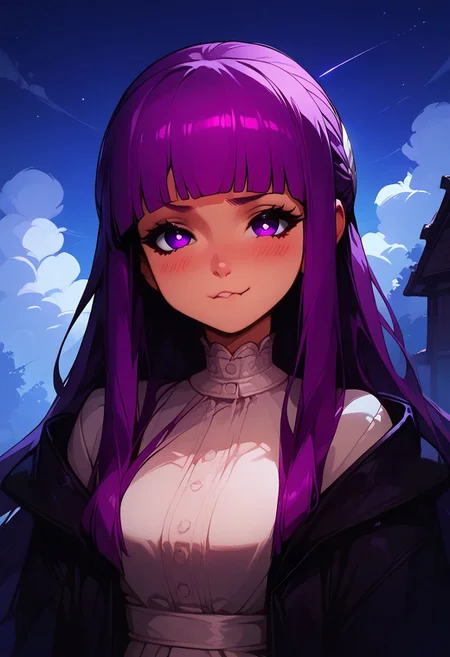 score_9, score_8_up, score_8, medium breasts, (curvy), cute, eyelashes, score_9, score_8_up, score_7_up, source_anime, 1girl, fern \(sousou no frieren\), large breasts, long hair, purple hair, blunt bangs, half updo, purple eyes, open robe, long dress, pout, puffy cheeks, looking at viewer, serious, blush, upper body, outdoors, smile, blush,
night sky,