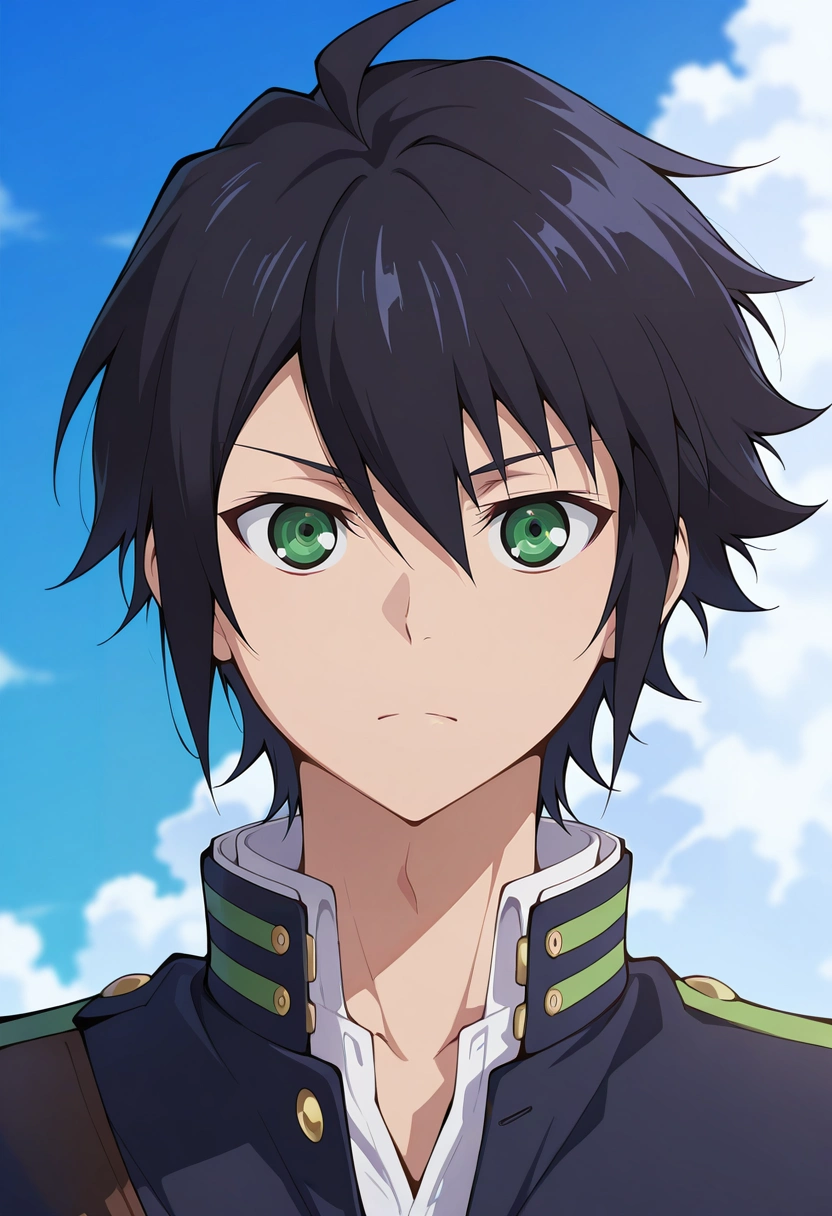 masterpiece, best quality, , , looking at viewer, 1boy, solo, male focus, <lora:yuuichirou_hyakuya_ilxl:0.9>, yuuichirou_hyakuya, black hair, green eyes, short hair, hair between eyes, ahoge, , ,