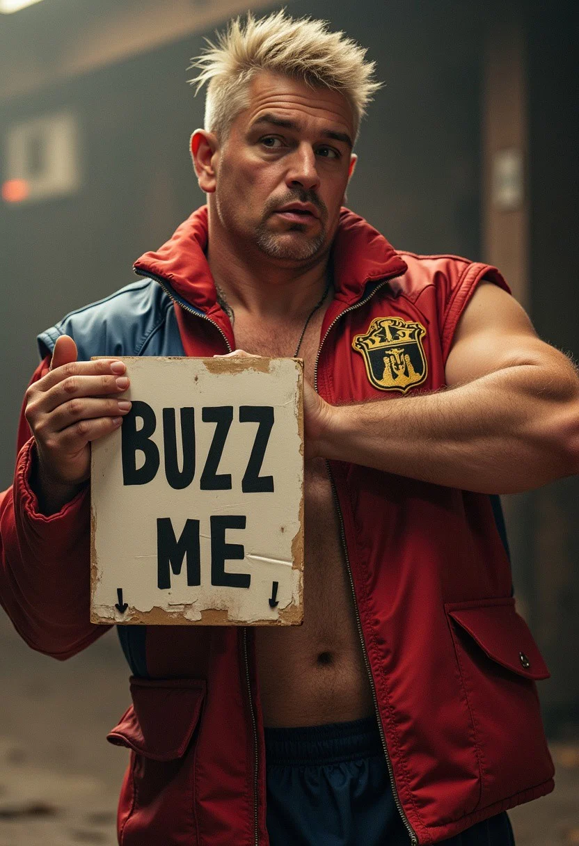 man from the king of fighters holding a sign that says "buzz me"