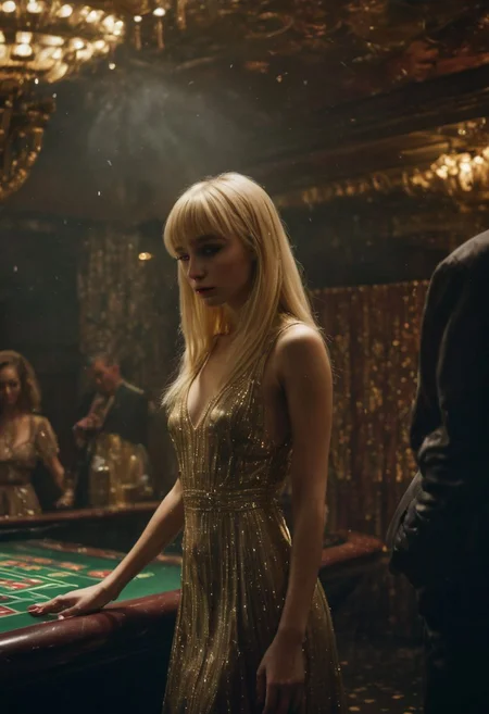 Award-winning ultra-detailed photograph of an underground Soviet casino, where a young blonde with blunt bangs is losing at roulette. She is clearly drunk and sad, tears pouring from her eyes. Her long blonde hair radiates a golden glow in the style of religious iconography. Tight Dollskill dress. Moody colors.