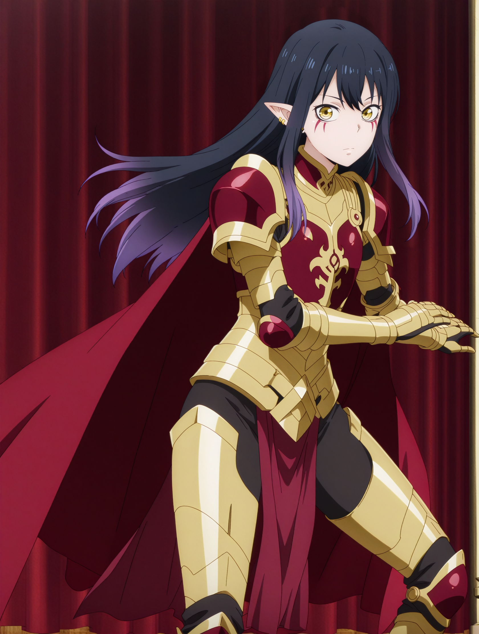 masterpiece,best quality,amazing quality,
anime screencap,
<lora:Miko_Illustrious:1.1> yotsuya_miko, long hair, black hair, yellow eyes, anime coloring, gradient hair, multicolored hair, purple hair,
 <lora:SoloLeveling_EsilRadiru_IlluXL:0.5>  gold armor, red armor, red cape, pauldrons, breastplate, gauntlets, pelvic curtain, greaves,
single braid, long hair, facial mark, pointy ears, earrings,
looking at viewer, 
anime convention, cosplay event, on stage,
pose,