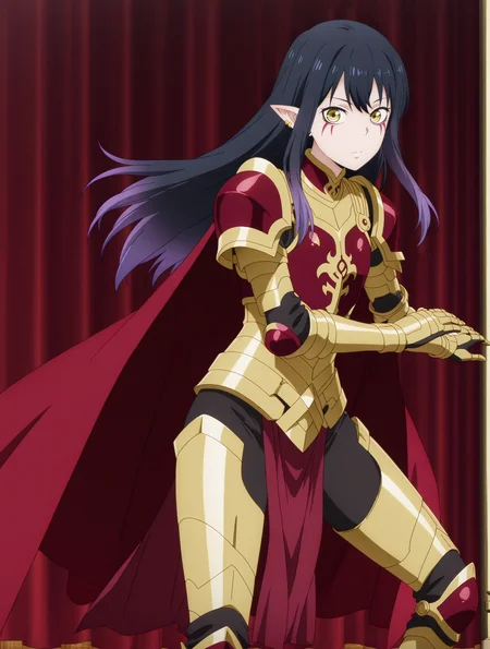 masterpiece,best quality,amazing quality,
anime screencap,
<lora:Miko_Illustrious:1.1> yotsuya_miko, long hair, black hair, yellow eyes, anime coloring, gradient hair, multicolored hair, purple hair,
<lora:SoloLeveling_EsilRadiru_IlluXL:0.5> gold armor, red armor, red cape, pauldrons, breastplate, gauntlets, pelvic curtain, greaves,
single braid, long hair, facial mark, pointy ears, earrings,
looking at viewer,
anime convention, cosplay event, on stage,
pose,
