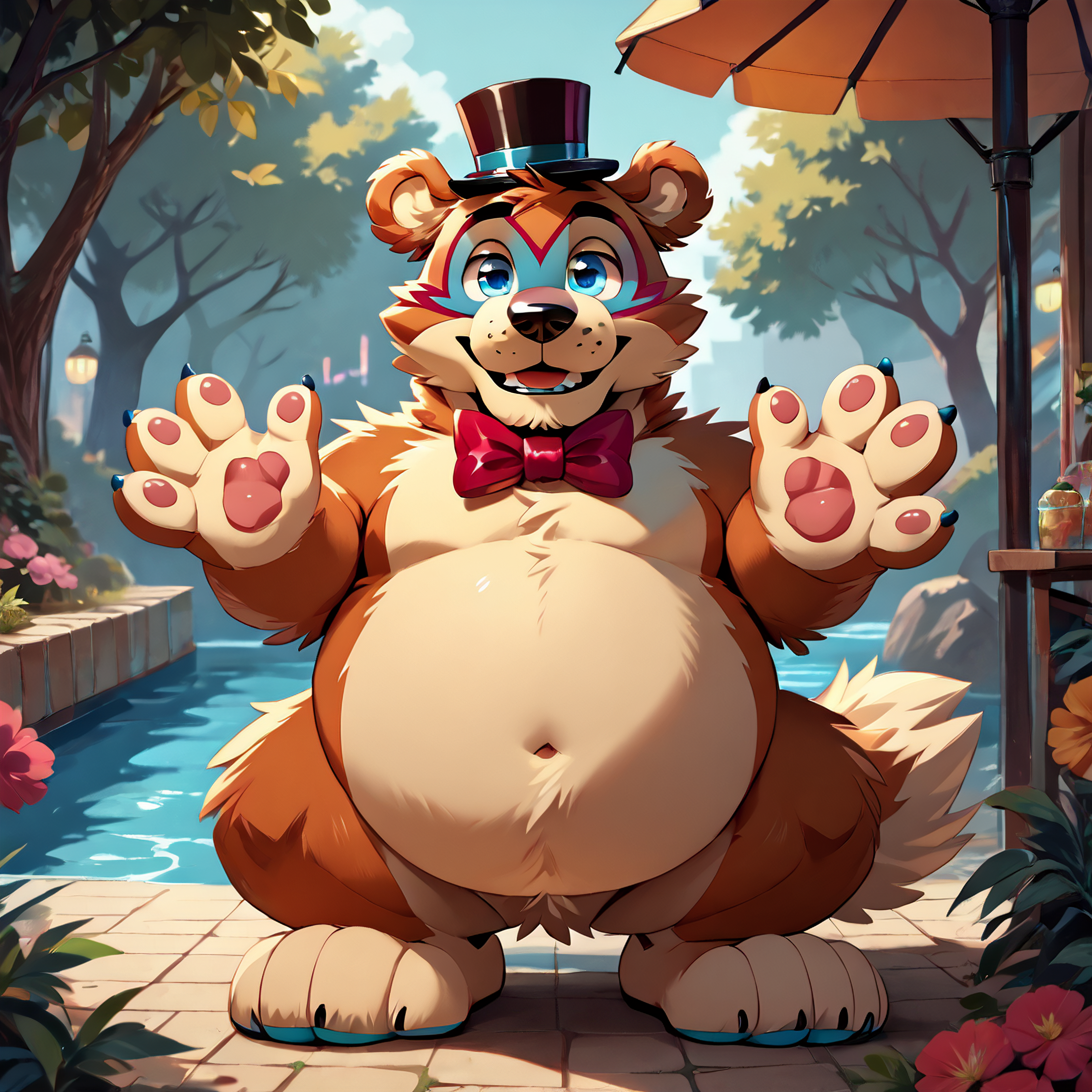 <lora:bigfreddy_ponyxl-10:1>  score_9_up, score_8_up, score_7_up, source_furry, best quality, masterpiece, outsude, park, park background, (bigfreddy), bear ears, solo, (looking at viewer), perfect body,  (perfect anatomy),  fluffy paws, (fluffy paws), detailed ears, detailed hands, detailed body, perfect body, (detailed hands),  zPDXL3, detailed hat, male focus, nice background, (flat chest), fluffy head:0.8, looking at viewer, cute and chubby round belly, black bowtie,  cute and chubby body,
 <lora:zy_Detailed_Backgrounds_v1:1.0>  <lora:HandFixer_pdxl_Incrs_v1:0.5>