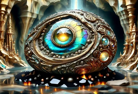Iridescent Damascus, photorealistic, film grain, color graded cinematic, eye catching, atmospheric lighting, highly detailed, deep depth of field, wide angle, a vast cavern, surreal, soft organic shapes, natural formation,smoothed by time and water, a (vast space:1.9) opening before the viewer, an underground lake, crystal clear water, irregular shape formed by millenia of flowing water, reflecting torchlight, crystals in the rock walls glint in the (colours of the rainbow:1.6), intricately patterned with (labradorite:1.8) and moonstone, contrasted with (black granite:2.0), soft rounded shaped rock inviting to sit down near a fire pit, (surreal:1.8), Dalí, Magritte