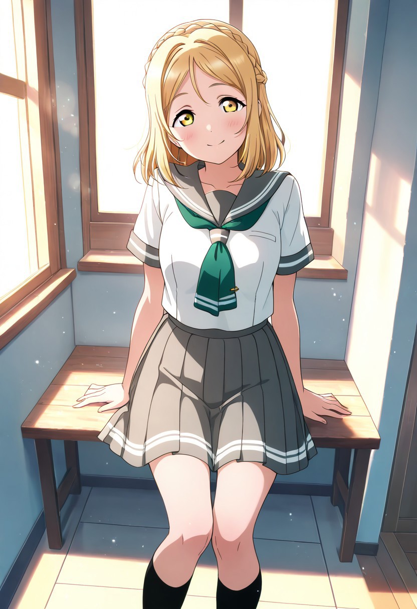 masterpiece, best quality, solo, 1girl, 
mari_ohara, long hair, bangs, blonde hair, hair ornament, yellow eyes, braid, medium hair, hair rings, crown braid, skirt, short sleeves, pleated skirt, serafuku, socks, neckerchief, kneehighs, black socks, green neckerchief, grey skirt, uranohoshi school uniform,, happy, standing,