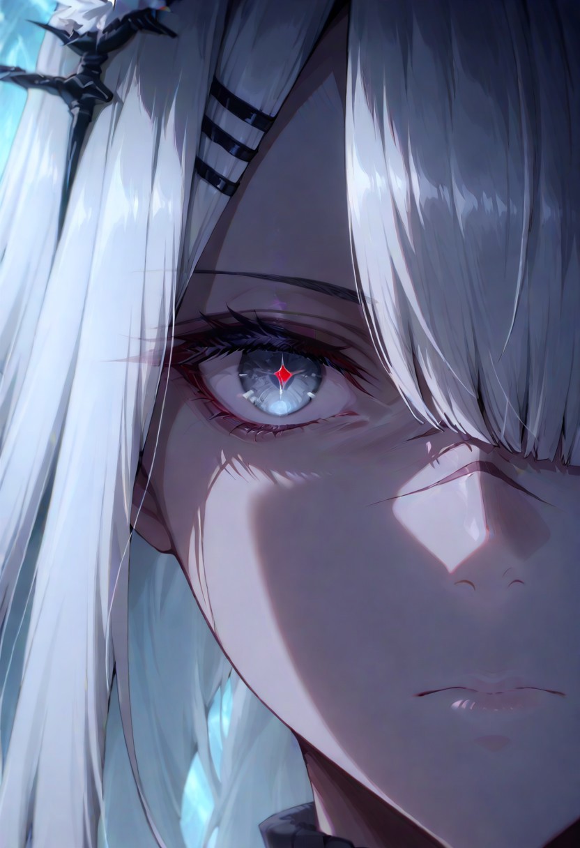 masterpiece, best quality, very aesthetic, absurdres, cinematic, dynamic angle, perfect composition, solo, 1girl, FrostNova, gray eyes, long hair, silver hair, hair over one eye, rabbit ears, scar on nose, extreme eye close up, eye focus, eye reflection, wide eyed, eyelashes, blank stare, looking at viewer,
