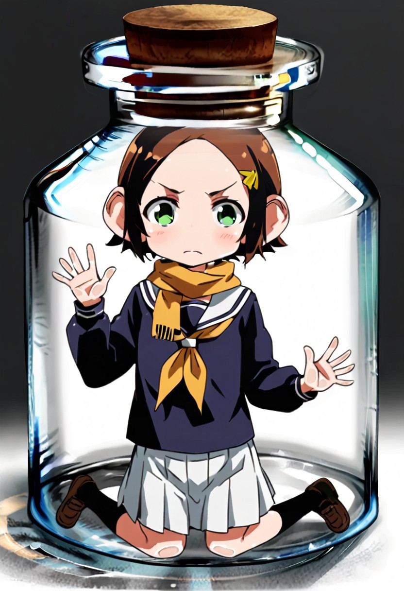 score_9, score_8_up, score_7_up, score_6_up, score_5_up, score_4_up,, 1girl, solo, original anime, Pan Saruhara, short hair, brown hair, hair ornament, chimpanzee ears, flat chest (Green eyes: 1.8).
Skirt, pleated skirt, serafuku, white skirt, shirt, purple shirt, sailor collar, white sailor collar, long sleeves, scarf, yellow scarf, knee-high socks.
<lora:pixiv-bottle-ponyxl-lora-nochekaiser:1> pixiv bottle, pixiv bottle (meme), in bottle, cork, jar, in container, meme, minimized, glass, against glass,, blush