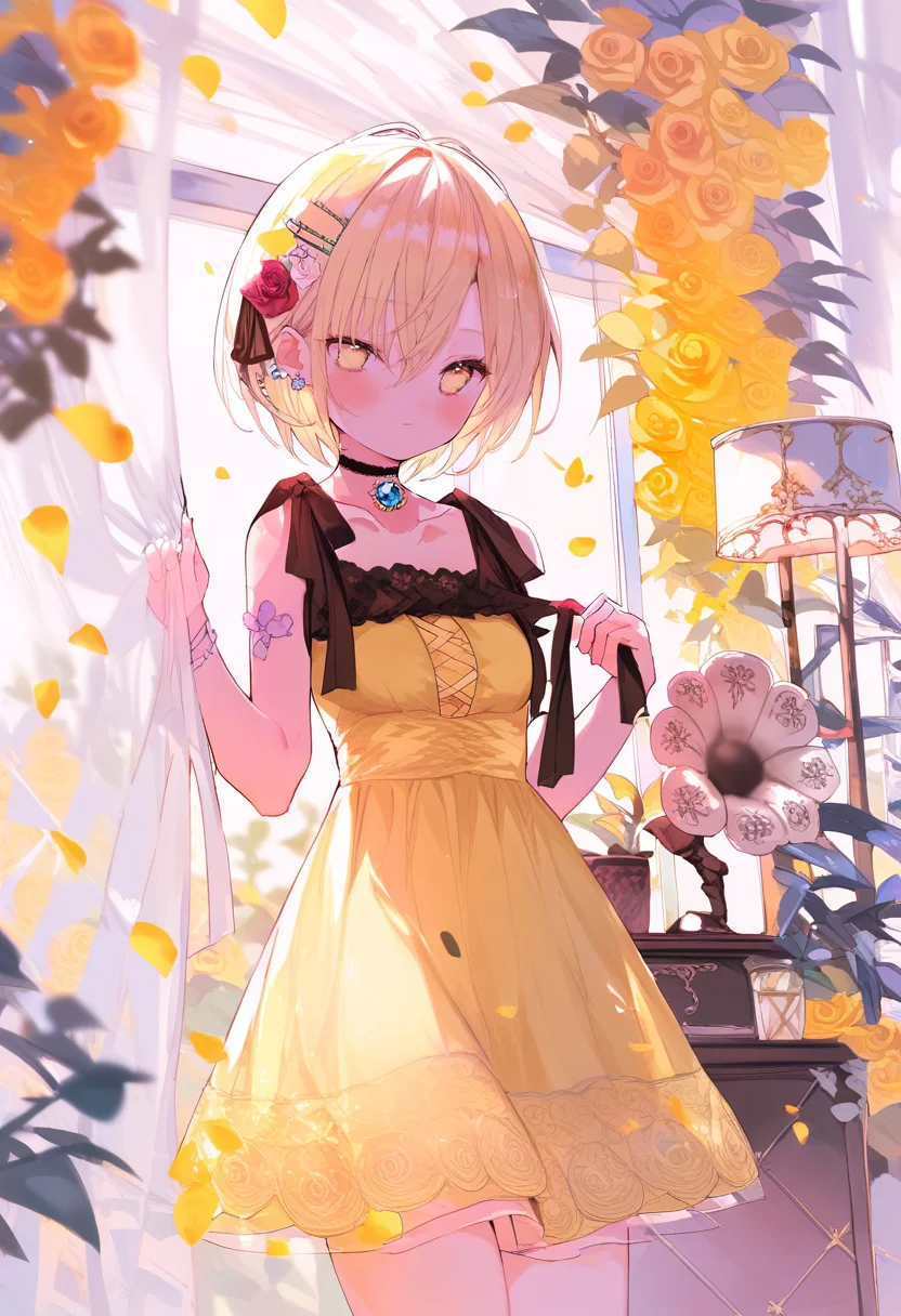 score_9, score_8_up, score_7_up, score_6_up, <lora:oninekoXL_TPN55_lokr_V43P1:0.95> 1girl, flower, solo, hair ornament, dress, curtains, blonde hair, short hair, hair flower, choker, looking at viewer, rose, yellow flower, curtain grab, yellow eyes, yellow dress, sleeveless, white flower, blush, collarbone, hairclip, black choker, cowboy shot, hair between eyes, sleeveless dress, window, petals, yellow rose, closed mouth, bare shoulders, standing, jewelry, white rose, ribbon, phonograph, breasts, small breasts, indoors, black ribbon, hands up, earrings, see-through, transparent