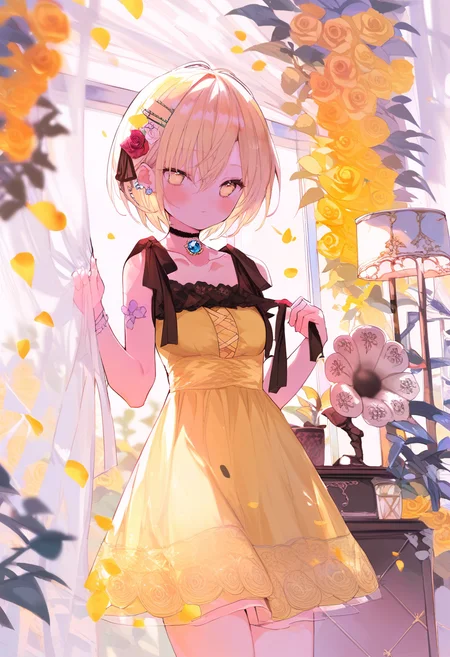 score_9, score_8_up, score_7_up, score_6_up, <lora:oninekoXL_TPN55_lokr_V43P1:0.95> 1girl, flower, solo, hair ornament, dress, curtains, blonde hair, short hair, hair flower, choker, looking at viewer, rose, yellow flower, curtain grab, yellow eyes, yellow dress, sleeveless, white flower, blush, collarbone, hairclip, black choker, cowboy shot, hair between eyes, sleeveless dress, window, petals, yellow rose, closed mouth, bare shoulders, standing, jewelry, white rose, ribbon, phonograph, breasts, small breasts, indoors, black ribbon, hands up, earrings, see-through, transparent