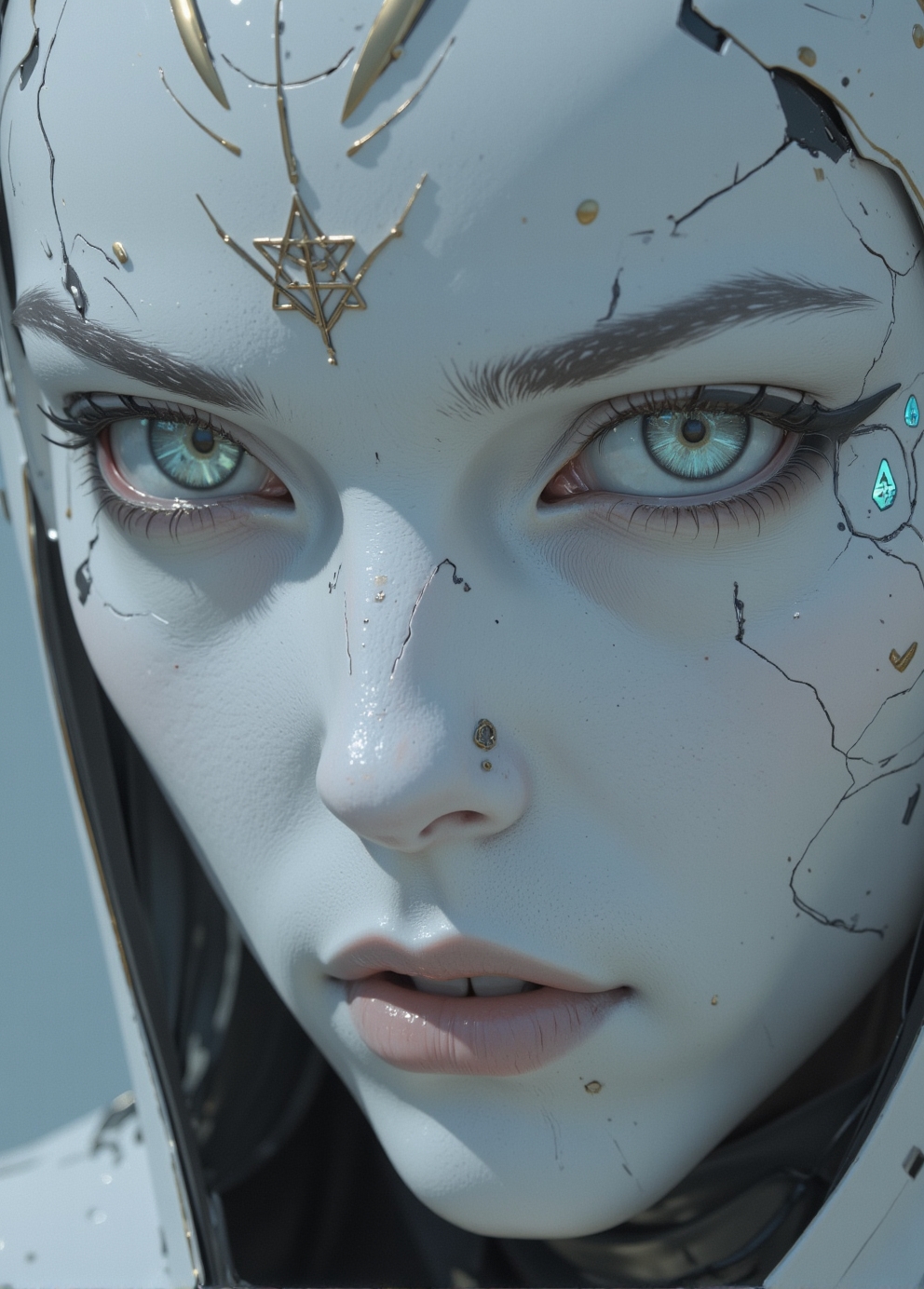 <lora:ck-Sci-Fi-Concepts:0.7>, in the style of ck-sfc, close up face shot of a white pale ceramic wabi-sabi cyberpunk (woman:0.6) looking mysteriously at the viewer, direct eye contact. holographic reflections of a (pentagram) in their eyes.
<lora:ck-nc-luminal-genesis:0.8>
<lora:flux.1_lora_flyway_Epic-detail_v2:0.6>
<lora:CPA:0.5>
<lora:BLUE_mk4_angel_FLUX_01:0.30>