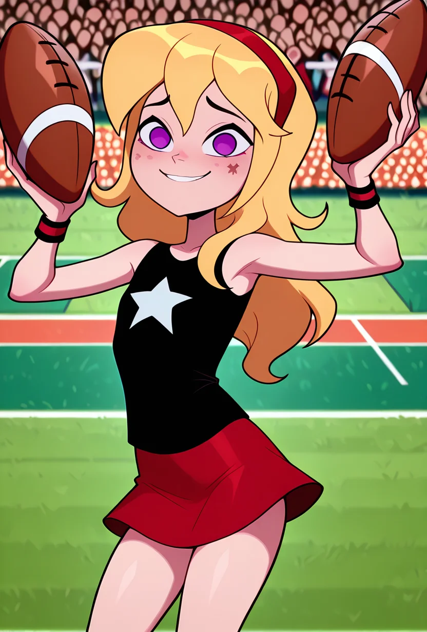 ((cartoon, screencap, )) <lora:lucysmall:1> lucysmall, solo, long hair, blonde hair, red hairband, black shirt, sleeveless, flat chest, star (symbol), purple eyes , tank top, wristband, miniskirt, red skirt, dynamic pose, looking at viewer, smile, detailed background, football field, scared, holding american football, crowd, masterpiece, best quality, amazing quality, very aesthetic, absurdres, newest,