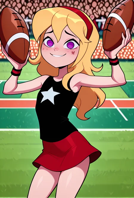 ((cartoon, screencap, )) <lora:lucysmall:1> lucysmall, solo, long hair, blonde hair, red hairband, black shirt, sleeveless, flat chest, star (symbol), purple eyes , tank top, wristband, miniskirt, red skirt, dynamic pose, looking at viewer, smile, detailed background, football field, scared, holding american football, crowd, masterpiece, best quality, amazing quality, very aesthetic, absurdres, newest,
