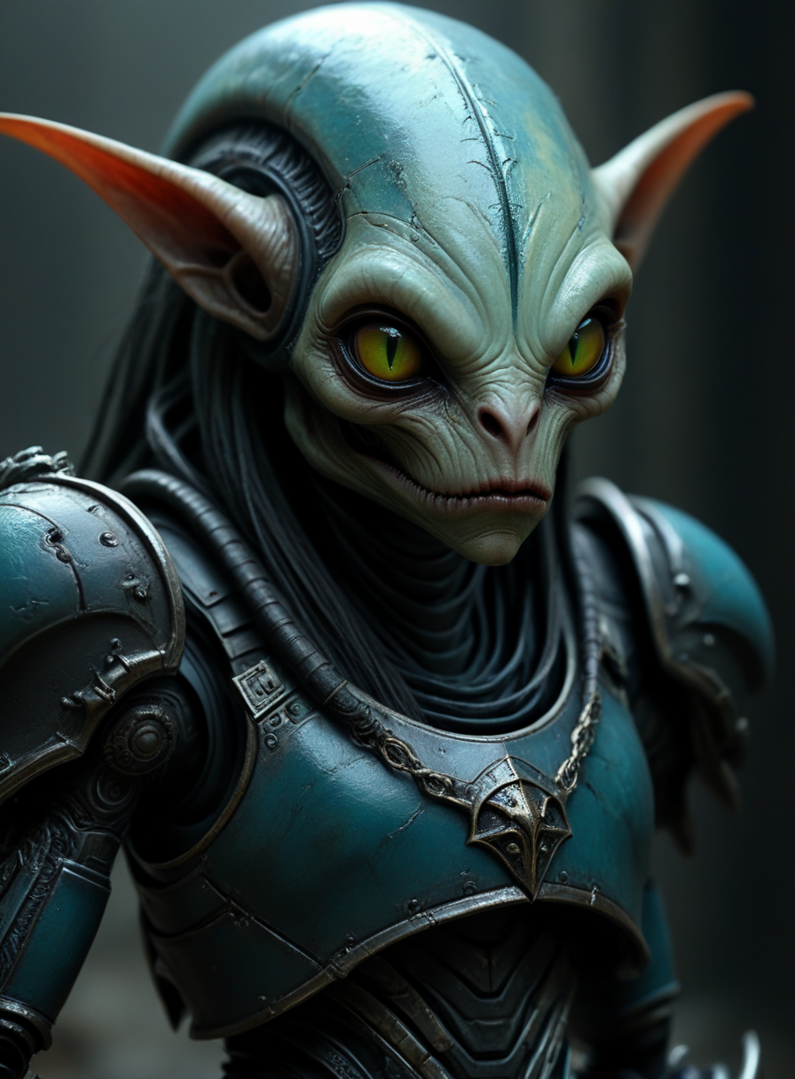 dark elven alien species portrait  in a dark basement with heavy armor, highly detailed, dystopic, subversive <lora:alien-species:1>