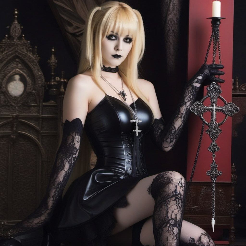 Gothic style Misa1024, a full body blond woman dressed in black laces, lace gloves, stocking, cross necklace,  in japan <lora:Misa1024:0.8> . Dark, mysterious, haunting, dramatic, ornate, detailed