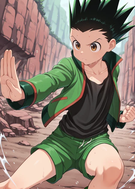 masterpiece, best quality, absurdres, amazing quality, 1boy, solo, <lora:IlluGon-000010:1> illugon, black hair, green hair, spiked hair, brown eyes, green shorts, green jacket, open jacket, black tank top, dynamic pose, outdoors, fighting stance, sweat, collarbone, popped collar,