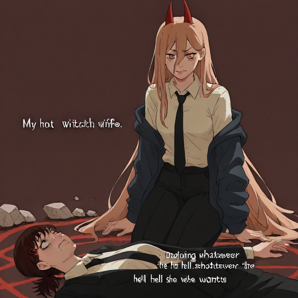 masterpiece, best quality, newest, absurdres, highres, anime, anime style, MHWW-V1.0, my hot witch wife (meme), text (my hot witch wife), english text, 1girl, higashiyama kobeni \(chainsaw_man\), brown hair, collared shirt, black necktie, black jacket,  BREAK text, text (Me doing whatever the hell she wants), 1girl, power \(chainsaw_man\), demon horns, long hair, blonde hair, very long hair, red horns, black necktie, horns, cross-shaped pupils, shirt,