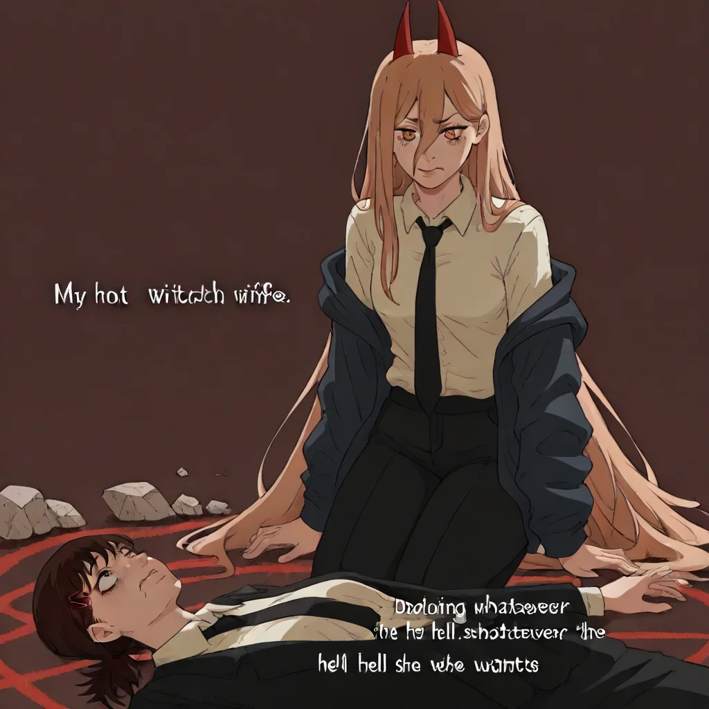 masterpiece, best quality, newest, absurdres, highres, anime, anime style, MHWW-V1.0, my hot witch wife (meme), text (my hot witch wife), english text, 1girl, higashiyama kobeni \(chainsaw_man\), brown hair, collared shirt, black necktie, black jacket, BREAK text, text (Me doing whatever the hell she wants), 1girl, power \(chainsaw_man\), demon horns, long hair, blonde hair, very long hair, red horns, black necktie, horns, cross-shaped pupils, shirt,