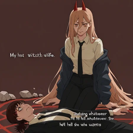 masterpiece, best quality, newest, absurdres, highres, anime, anime style, MHWW-V1.0, my hot witch wife (meme), text (my hot witch wife), english text, 1girl, higashiyama kobeni \(chainsaw_man\), brown hair, collared shirt, black necktie, black jacket, BREAK text, text (Me doing whatever the hell she wants), 1girl, power \(chainsaw_man\), demon horns, long hair, blonde hair, very long hair, red horns, black necktie, horns, cross-shaped pupils, shirt,