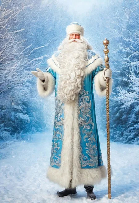 ((best quality)), ((masterpiece)), detailed soft oil painting, detailed background, soft edge lighting, professional, ultra quality, 4k,(masteriece, best quality, 8k, ultra highres, highres:1.4), extremely detailed, 
((a strong man of 60 years old with a long snow-white beard in the image of Russian, slavic Ded Moroz)) 
(standing:2) (full body photo:2) in the snowy forest, 
stands in a snowy forest among snow-covered fir trees, 
in a white fur coat trimmed with swan down or sable fur, embroidered with traditional Russian ornaments in silver - stars, crosses, geese, drawing in the style of oil painting, medium brush strokes, khokhloma style, slavic style, 
On the head is a traditional white warm boyar hat in the shape of a semi-oval, decorated with traditional Russian silver and pearl embroidery, trimmed with swan's down.
on her hands are huge white three-fingered mittens, decorated with traditional Russian silver embroidery.
The fur coat is tied with a white sash, embroidered with traditional Russian patterns.
On his feet are exclusively white felt boots embroidered with silver.
(((With his right hand he holds a long magical crystal staff with a twisted handle. The staff is decorated with a moon and a bull's head))). 
looks at the viewer, cheerful calm kind look, kind smile, cheeks red from frost, 
winter, a bright sunny frosty day, fluffy Christmas trees in snow, snow sparkles under the rays of the sun,
 by Viktor Vasnetsov, by Vasily Surikov