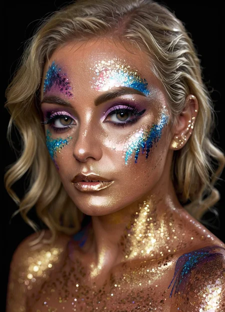 studio portrait of a woman, GlitterStyle, makeup, eyeshadow, mascara, black background, bodypaint, upper body, blonde hair, highly detailed, realistic, 
 <lora:GlitterStyle_sdxl:0.8>