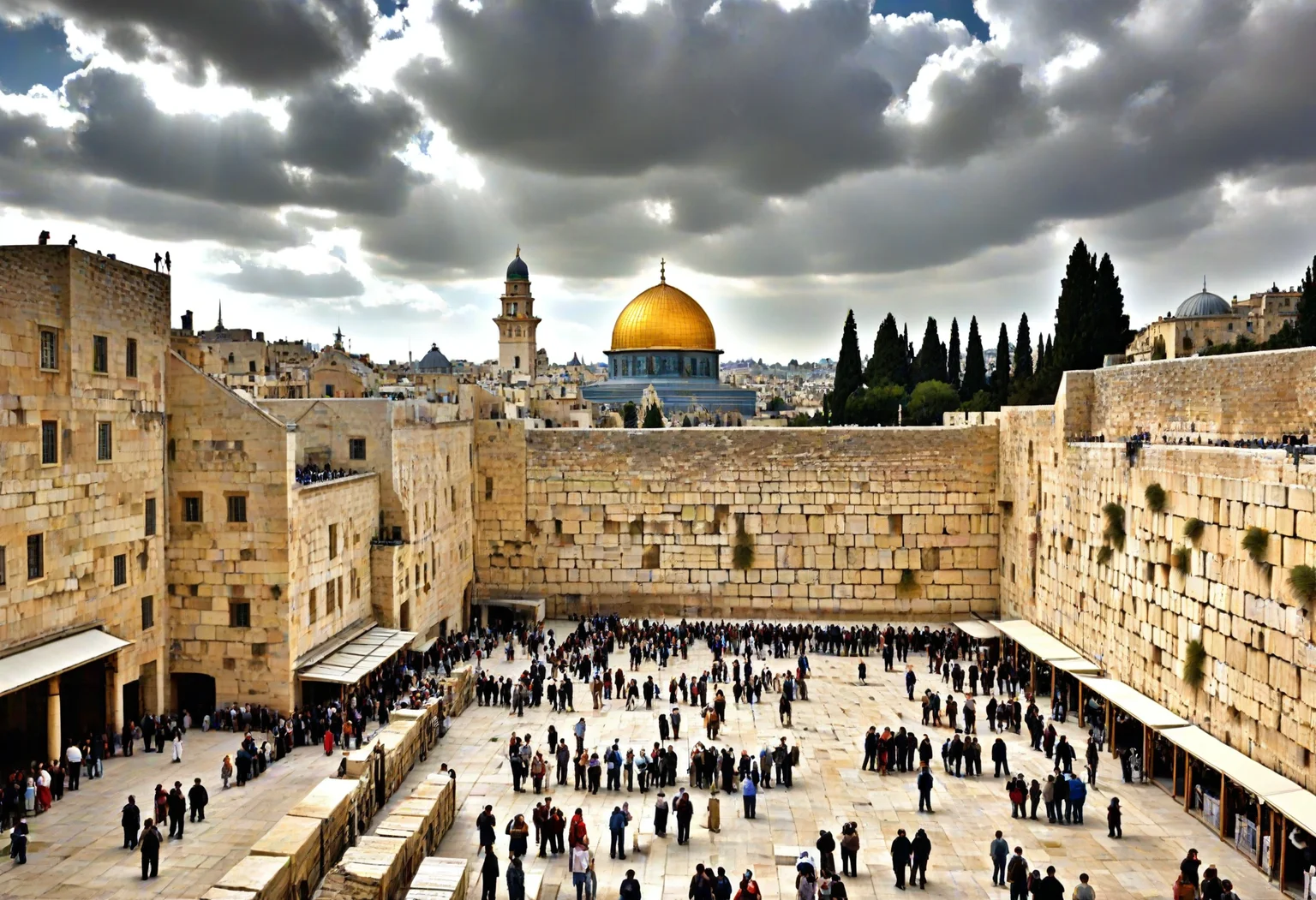 <lora:pytorch_lora_weights_361535:1>,(masterpiece, best quality, hires, high resolution, beautiful, aesthetic, perfect, delicate, HDR, 32k, extremely intricate details),
A professional fashion photography of At the Western Wall plaza in Jerusalem, massive ancient limestone blocks rise above a broad plaza of worn paving stones, thousands of paper prayer notes wedged in the cracks, prayer shawls fluttering, and the golden Dome visible in the distance. (afternoon, scattered clouds:1.1) bring cool, balanced light, softening the golden stone and bustling crowds.,