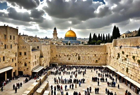 <lora:pytorch_lora_weights_361535:1>,(masterpiece, best quality, hires, high resolution, beautiful, aesthetic, perfect, delicate, HDR, 32k, extremely intricate details),
A professional  fashion photography of At the Western Wall plaza in Jerusalem, massive ancient limestone blocks rise above a broad plaza of worn paving stones, thousands of paper prayer notes wedged in the cracks, prayer shawls fluttering, and the golden Dome visible in the distance. (afternoon, scattered clouds:1.1) bring cool, balanced light, softening the golden stone and bustling crowds.,
