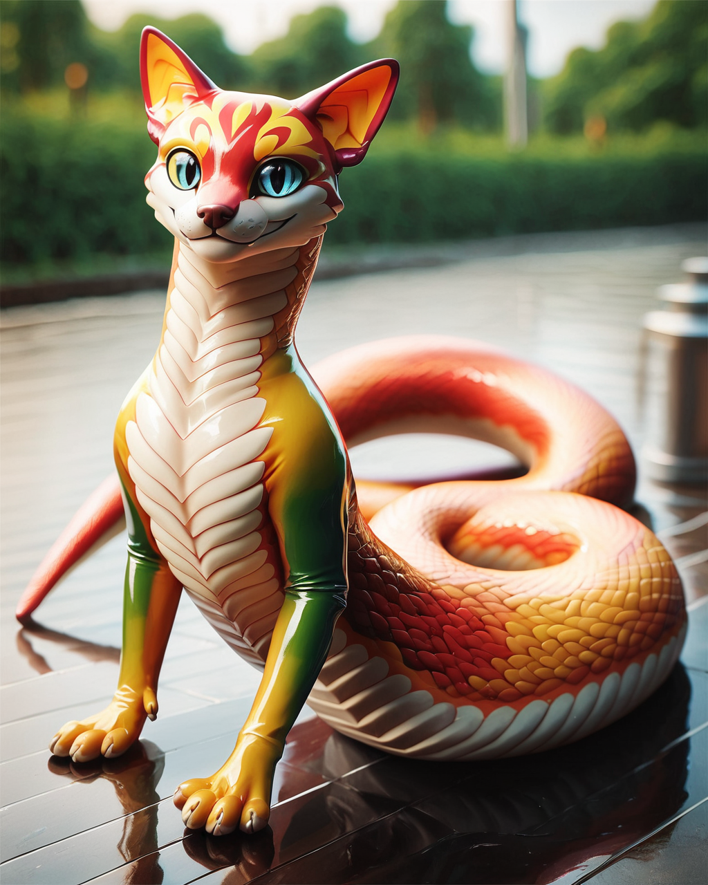 1score_9, score_8_up, score_7_up, intricate details, 
<lora:Latex_World_Morph:1>, Latex, latex 
1boy(feral furry, 
lamia
full body, looking at the viewer:2, solo, smiling), detailed background, depth of field, subsurface scattering, 
<lora:ral-chrosc-clr:0.3>, ral-chrosc-clr,
<lora:xl_more_art-full_v1:0.4>,
<lora:add-detail-xl:0.4>