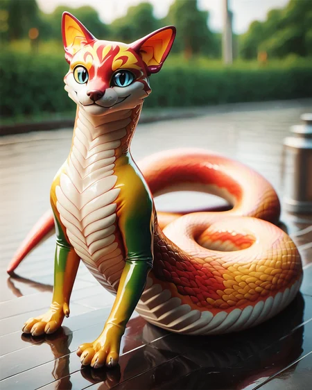 1score_9, score_8_up, score_7_up, intricate details, 
<lora:Latex_World_Morph:1>, Latex, latex 
1boy(feral furry, 
lamia
full body, looking at the viewer:2, solo, smiling), detailed background, depth of field, subsurface scattering, 
<lora:ral-chrosc-clr:0.3>, ral-chrosc-clr,
<lora:xl_more_art-full_v1:0.4>,
<lora:add-detail-xl:0.4>