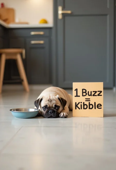 Amateur photography of a small fawn pug puppy laying down in a modern-style kitchen. The pug is next to an empty food bowl and there's a legible sign to the other side of him that reads, "1 Buzz = 1 Kibble". The pug is looking at the viewer and looks very sad.
