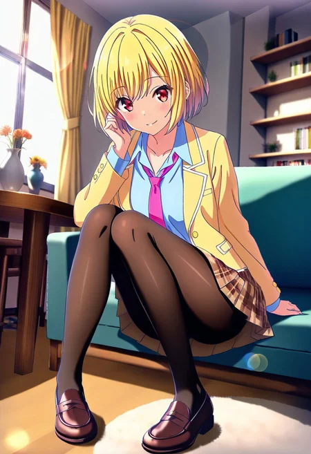 
masterpiece, best quality,amazing quality,(1girl), solo,(depth of field),(solo focus),8K,HDR,(ultra high res),(highres),(full body),(lens flare),smile,blush,(karin istel),bangs,(blonde hair),(short hair),(red eyes),(collarbone),skindentation,(school uniform),(yellow jacket),(open jacket),(blazer),(pink necktie),(collared shirt),(blue shirt),(long sleeves),(brown skirt),(pleated skirt),(plaid skirt).(black pantyhose),(brown footwear),(loafers),(sitting on chair),(indoors),(looking at viewer),(room),(curtain),(table),(couch),(carpet),(shelf),(vase),(window),karin istel

