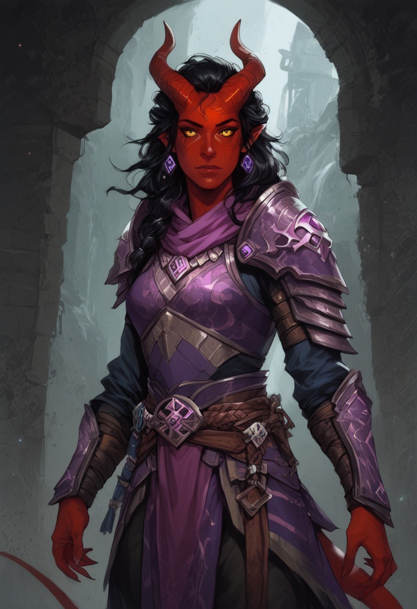 (((beautiful, high quality))), score_9, score_8_up, score_7_up, BREAK, Tiefling, pointed ears, horns, coloured sclera, 1female, 20 years old, dark red skin, black hair, yellow eyes, tail, BREAK,
purple dark paladin, dark silver heavy armour, fallen paladin armour, dark paladin armour, oathbreaker paladin, cowboy shot, fantasy ruins background, 
Cinematic movie-still shot with dragon-x-6k