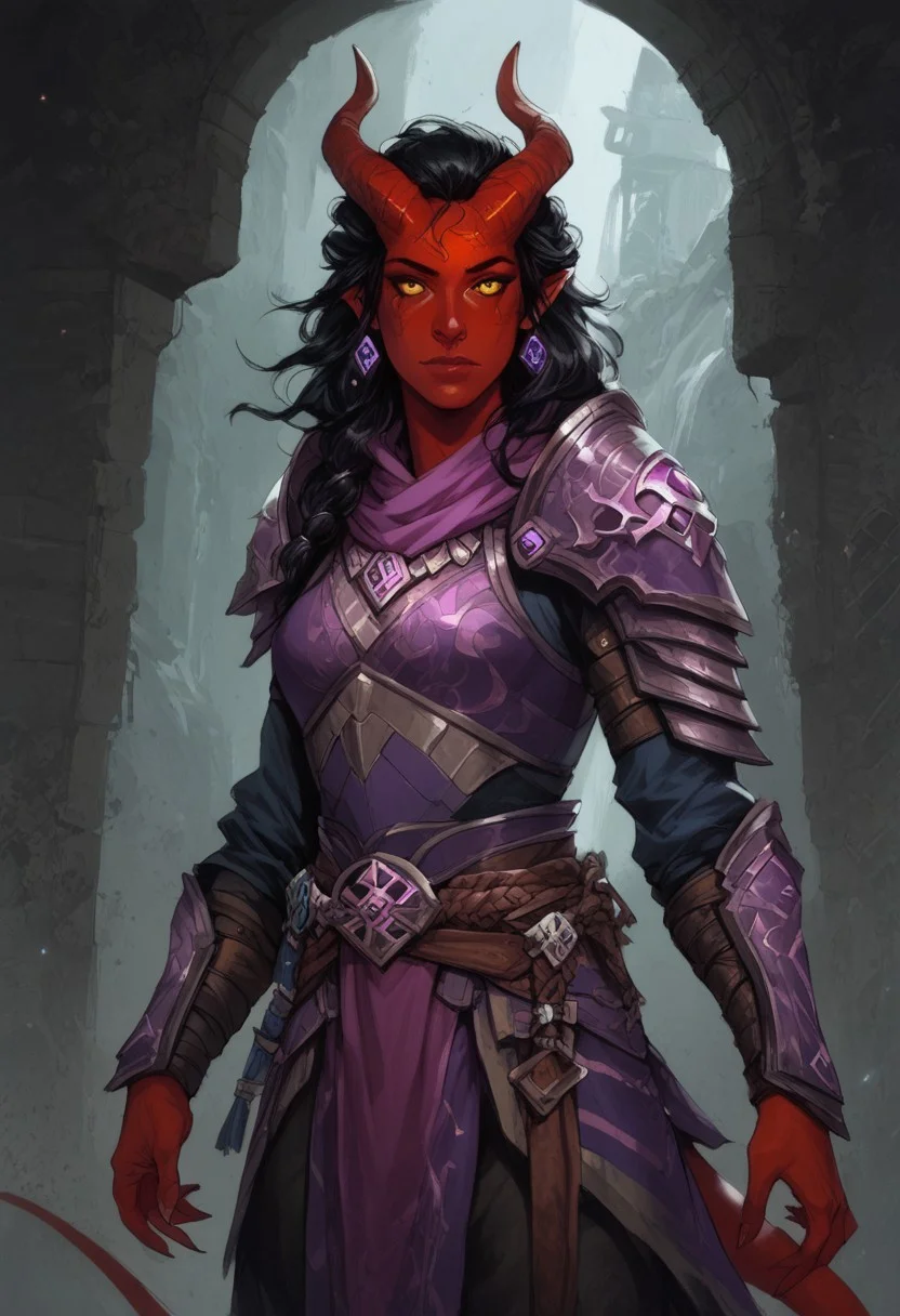 (((beautiful, high quality))), score_9, score_8_up, score_7_up, BREAK, Tiefling, pointed ears, horns, coloured sclera, 1female, 20 years old, dark red skin, black hair, yellow eyes, tail, BREAK,
purple dark paladin, dark silver heavy armour, fallen paladin armour, dark paladin armour, oathbreaker paladin, cowboy shot, fantasy ruins background,
Cinematic movie-still shot with dragon-x-6k